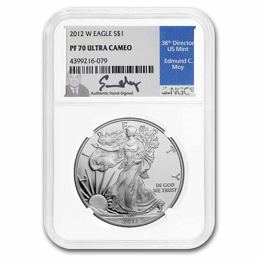 2012-W Proof American Silver Eagle PF-70 NGC (Moy): 2012-W Proof American Silver Eagle PF-70 NGC (Moy) Product ID: 270712 Year: 2012 Grade: Proof - 70 UCAM Grade Service: NGC Denomination: 1 Dollar Mint Mark: W - West Point Metal Content: