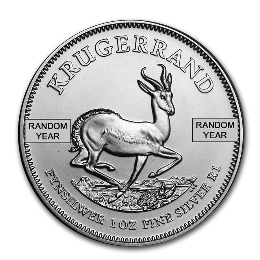 South Africa 1 oz Silver Krugerrand (Random): South Africa 1 oz Silver Krugerrand (Random) Product ID: 206258 Year: Random Grade: Brilliant Unc Grade Service: None Denomination: 1 Rand Mint Mark: Not Shown Metal Content: 1 troy oz