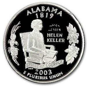 2003-S Alabama State Quarter Gem Proof (Silver): 2003-S Alabama State Quarter Gem Proof (Silver) Product ID: 47203 Year: 2003 Grade: Gem Proof Grade Service: None Denomination: 25 Cents Mint Mark: S - San Francisco Metal Content: 0.1808