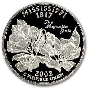 2002-S Mississippi State Quarter Gem Proof: 2002-S Mississippi State Quarter Gem Proof Product ID: 47078 Year: 2002 Grade: Gem Proof Grade Service: None Denomination: 25 Cents Mint Mark: S - San Francisco Metal Content: 0 troy oz <
