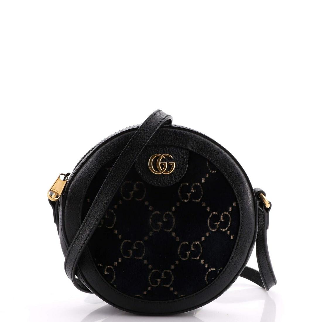 Gucci Ophidia Round Shoulder Bag GG Velvet Mini: Gucci Ophidia Round Shoulder Bag GG Velvet Mini Exterior Color: Black, Blue Interior Color: Neutral Exterior Material: Velvet, Leather Interior Material: Fabric Hardware Color: Aged Gold Accessori