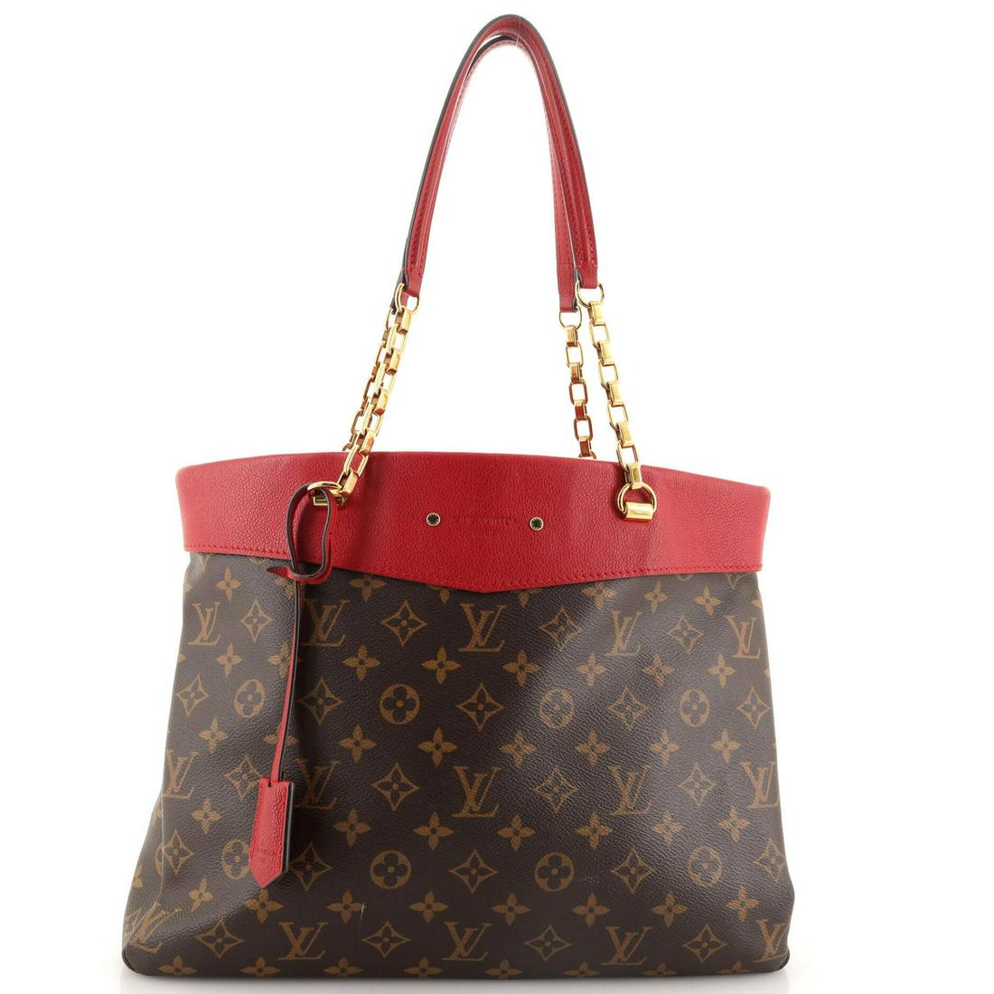 Louis Vuitton Pallas Shopper Monogram Canvas and Calfskin: Louis Vuitton Pallas Shopper Monogram Canvas and Calfskin Exterior Color: Brown, Red Interior Color: Red Exterior Material: Leather, Canvas Coated Interior Material: Microfiber Hardware Color: Gold