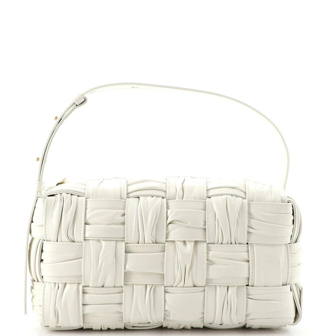 Bottega Veneta Brick Cassette Shoulder Bag Maxi Intrecciato Plisse Leather: Bottega Veneta Brick Cassette Shoulder Bag Maxi Intrecciato Plisse Leather Exterior Color: White Interior Color: White Exterior Material: Leather Interior Material: Leather Hardware Color: Gold Ac