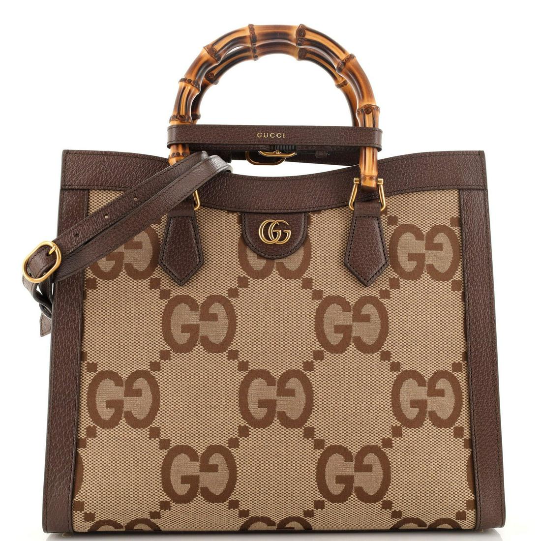 Gucci Diana NM Bamboo Handle Tote Jumbo GG Canvas Medium: Gucci Diana NM Bamboo Handle Tote Jumbo GG Canvas Medium Exterior Color: Brown Interior Color: Neutral Exterior Material: Canvas Plain, Leather Interior Material: Leather Hardware Color: Gold Acce