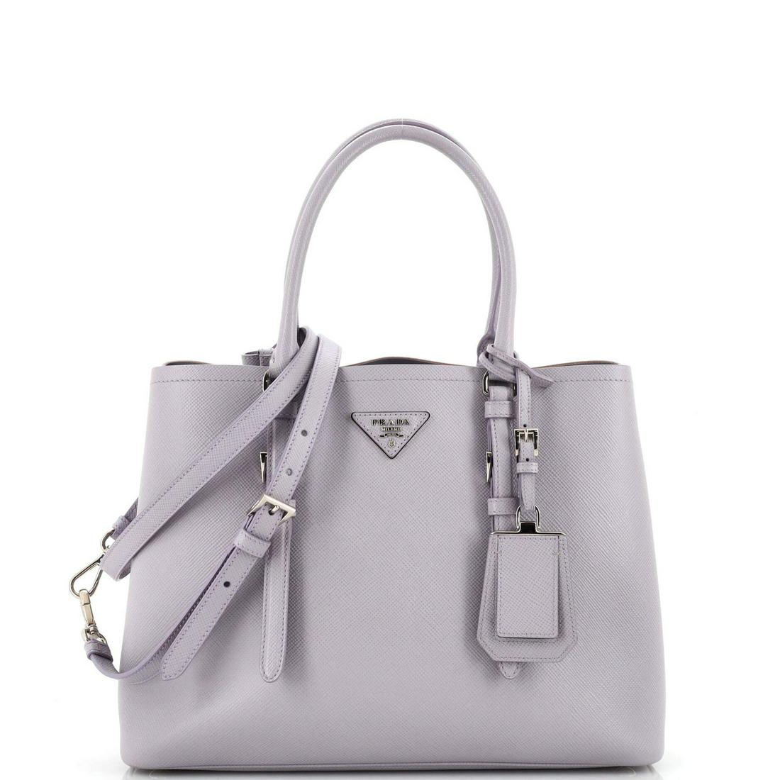 Prada Belted Strap Cuir Double Tote Saffiano Leather Medium: Prada Belted Strap Cuir Double Tote Saffiano Leather Medium Exterior Color: Purple Interior Color: Purple Exterior Material: Leather Interior Material: Leather Hardware Color: Silver Accessories:
