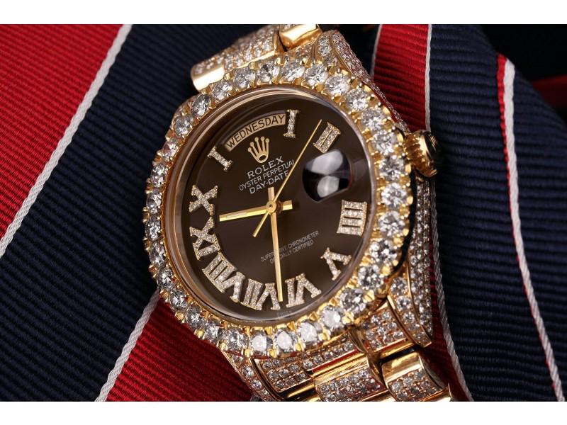 Rolex 36mm Presidential 18kt Gold Chocolate Roman Diamond Numeral Dial Fully Iced Out Watch: Rolex 36mm Presidential 18kt Gold Chocolate Roman Diamond Numeral Dial Fully Iced Out Watch Product Code: DR523-E21A8 Brand: Rolex Condition: Pre-Owned Final Sale: THIS ITEM IS FINAL SALE AND NOT RETU