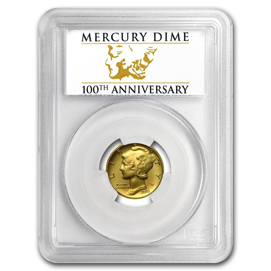 2016-W 1/10 oz Gold Mercury Dime SP-70 PCGS (FS, Cent'l Label): 2016-W 1/10 oz Gold Mercury Dime SP-70 PCGS (FS, Cent'l Label) Product ID: 95510 Year: 2016 Grade Service: PCGS Denomination: $0.10 Metal Content: 0.1 troy oz Purity: .9999 Thickness: 1.1