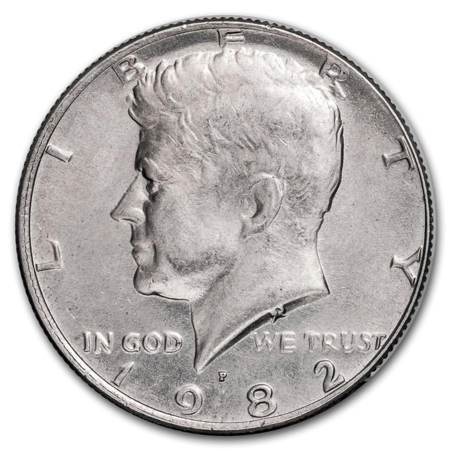 1982-P Kennedy Half Dollar BU: 1982-P Kennedy Half Dollar BU Product ID: 6034 Year: 1982 Grade: Brilliant Unc Grade Service: None Denomination: 50 Cents Mint Mark: P - Philadelphia Metal Content: 0 troy oz Pur