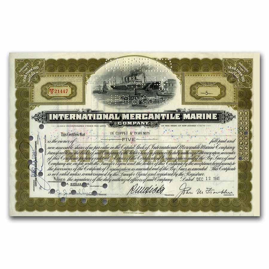Int. Mercantile Marine Co. "Titanic" Newer Stock Cert (Olive): Int. Mercantile Marine Co. "Titanic" Newer Stock Cert (Olive) Product ID: 257615 Year: N/A Grade: (U) Uncirculated Grade Service: None Denomination: N/A Mint Mark: N/A - Not Available Met