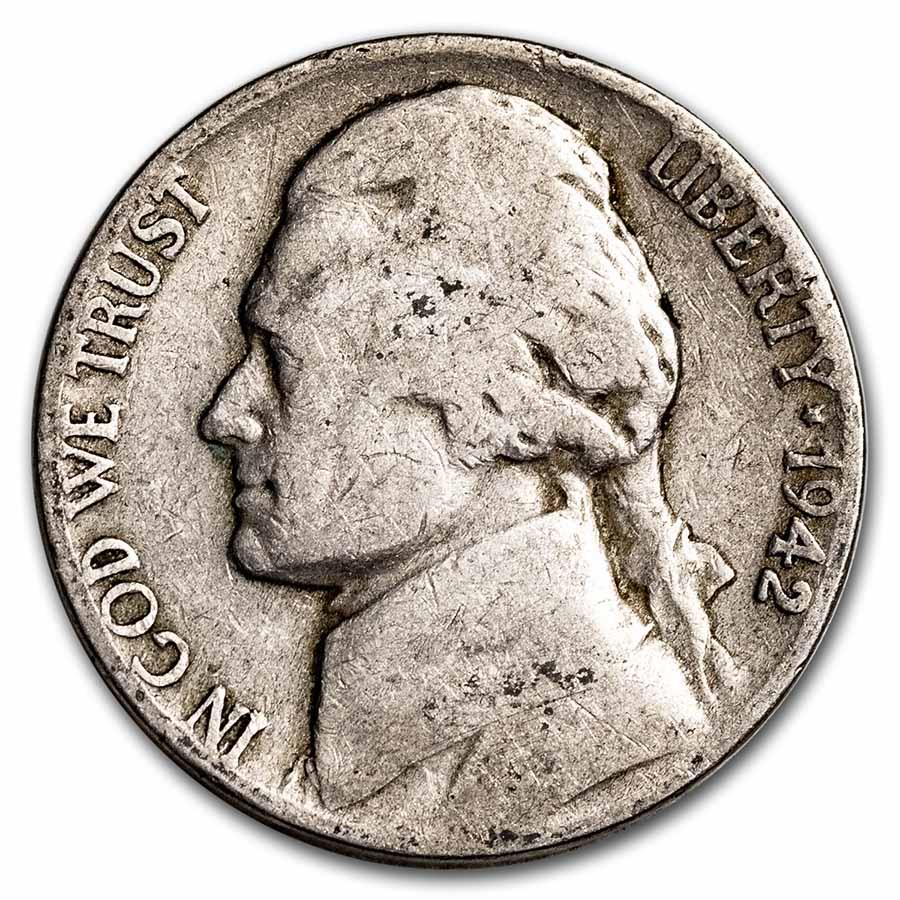 1942-D Jefferson Nickel Avg Circ: 1942-D Jefferson Nickel Avg Circ Product ID: 9928 Year: 1942 Grade: Average Circulated Grade Service: None Denomination: 5 Cents Mint Mark: D - Denver Metal Content: 0 troy oz Pu