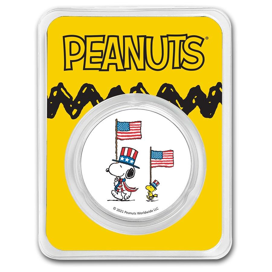 Peanuts Patriotic Snoopy & Woodstock 1 oz Colorized Silver: Peanuts Patriotic Snoopy & Woodstock 1 oz Colorized Silver Product ID: 232309 Year: N/A Grade: None Grade Service: None Mint Mark: N/A - Not Available Metal Content: 1 troy oz Purity: .99