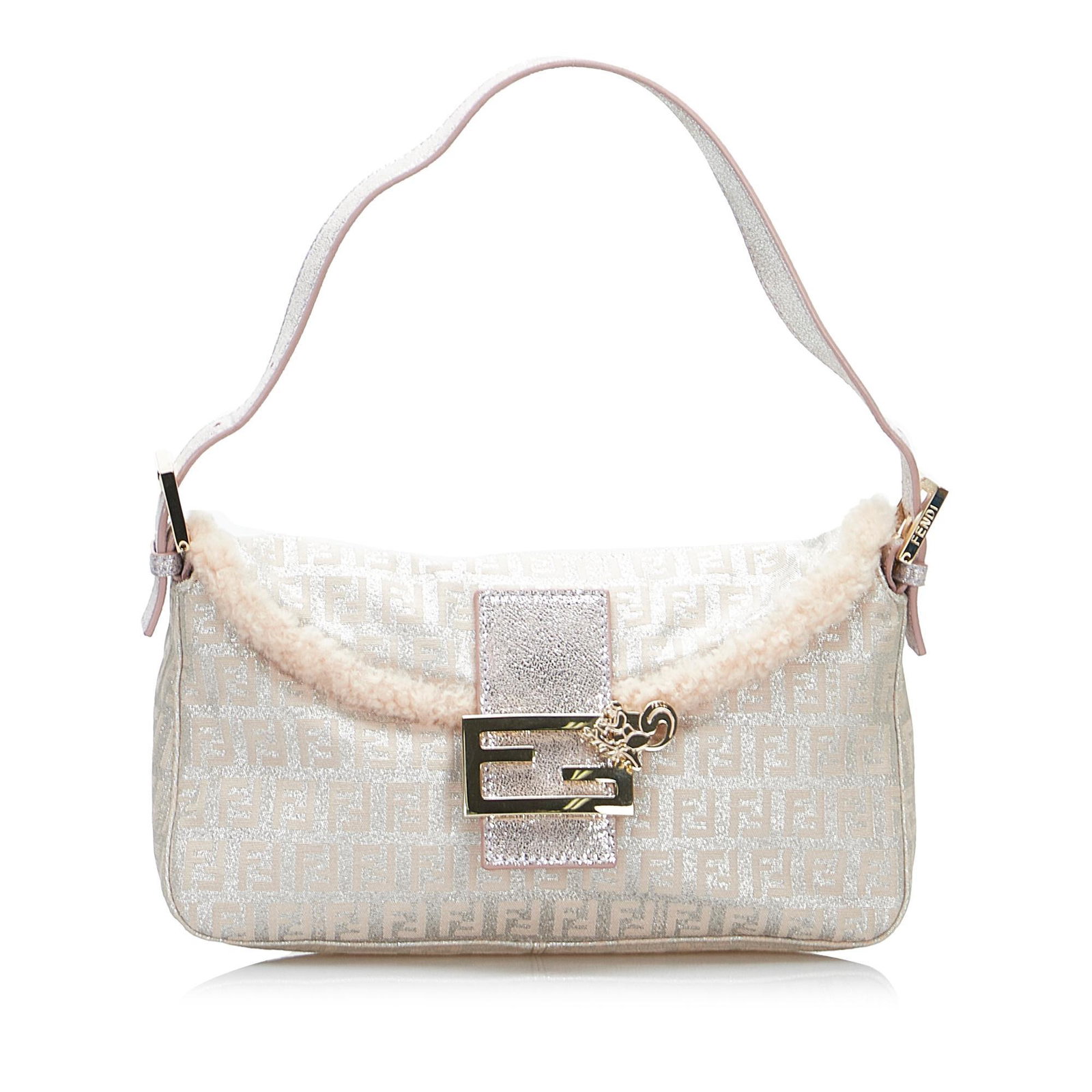 Fendi Metallic Zucchino Baguette: Fendi Metallic Zucchino Baguette Condition Quality: Fair Color: Pink/Silver Height: 6 in. Length: 10.25 in. Material: Calf/Canvas Width: 3.25 in. Item Condition: Pre Owned SKU: S