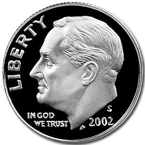 2002-S Silver Roosevelt Dime Gem Proof: 2002-S Silver Roosevelt Dime Gem Proof Product ID: 8715 Year: 2002 Grade: Gem Proof Grade Service: None Denomination: 10 Cents Mint Mark: S - San Francisco Metal Content: 0.0723 troy oz <