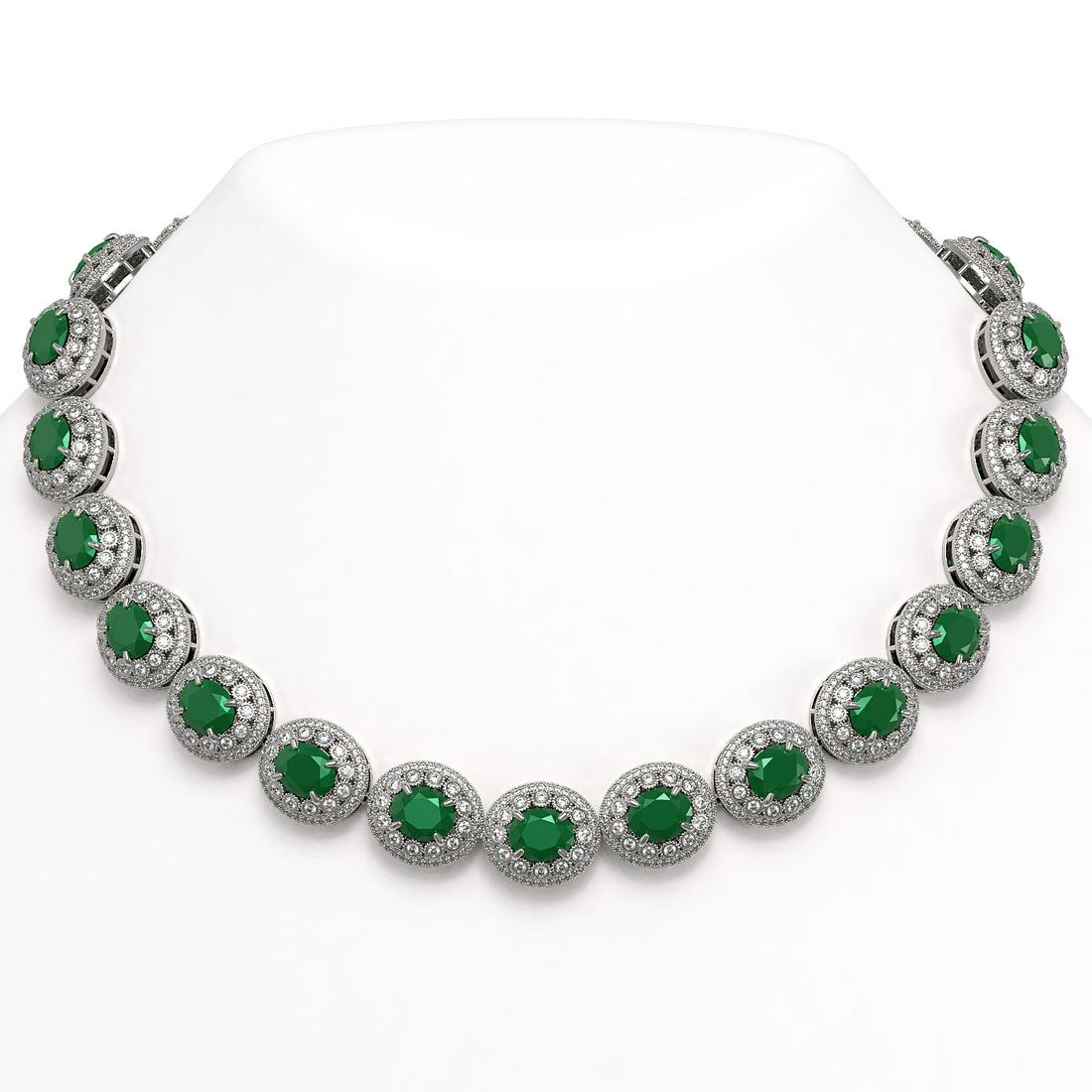 111.75 ctw Emerald & Diamond Victorian Necklace 14K White Gold: 111.75 ctw Emerald & Diamond Victorian Necklace 14K White Gold Item: Emerald NecklaceTotal Gem weight: 111.75 carats Metal: Solid 14K White Gold Gold Product Weight: Approx. 118.6 grams Jewelry