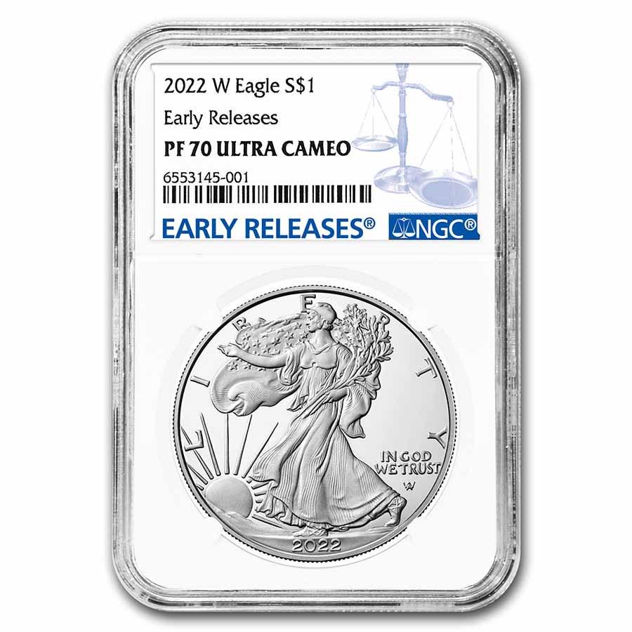 2022-W 1 oz Proof Silver Eagle PF-70 NGC (Early Releases): 2022-W 1 oz Proof Silver Eagle PF-70 NGC (Early Releases) Product ID: 252067 Year: 2022 Grade: Proof - 70 UCAM Grade Service: NGC Denomination: 1 Dollar Mint Mark: W - West Point Metal Co
