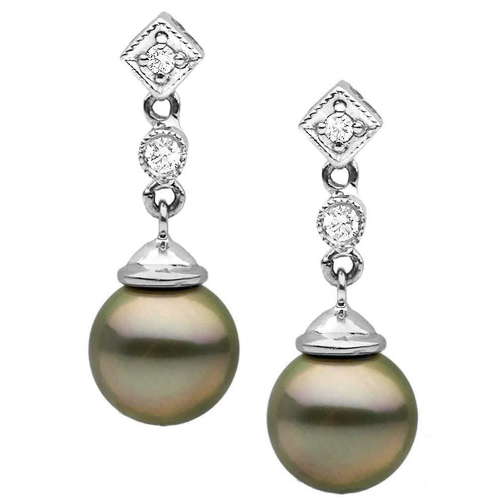 Black Tahitian Round Pearl and Diamond Royale Dangle Earrings: Black Tahitian Round Pearl and Diamond Royale Dangle Earrings 9.0-10.0mm / 14K White Gold