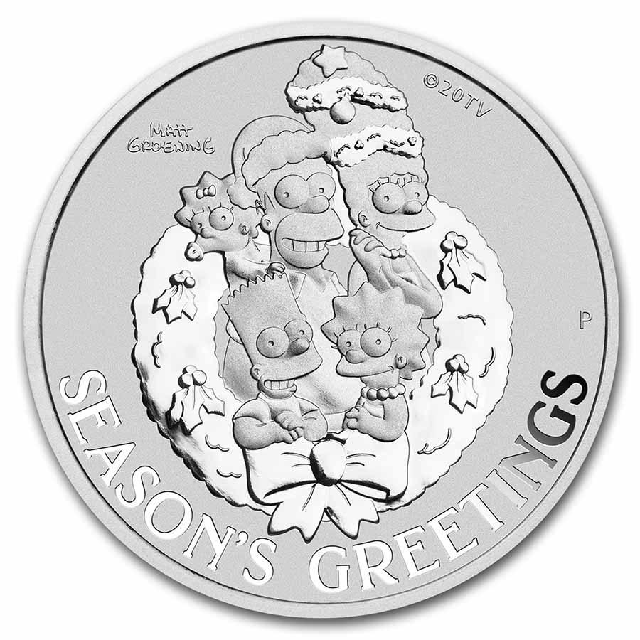 2022 Tuvalu 1 oz Silver The Simpsons: Season's Greetings BU: 2022 Tuvalu 1 oz Silver The Simpsons: Season's Greetings BU SKU: 262208 Year: 2022 Grade: Brilliant Unc Grade Service: None Denomination: 1 Dollar Mint Mark: P - Perth Metal Content: 1 tr