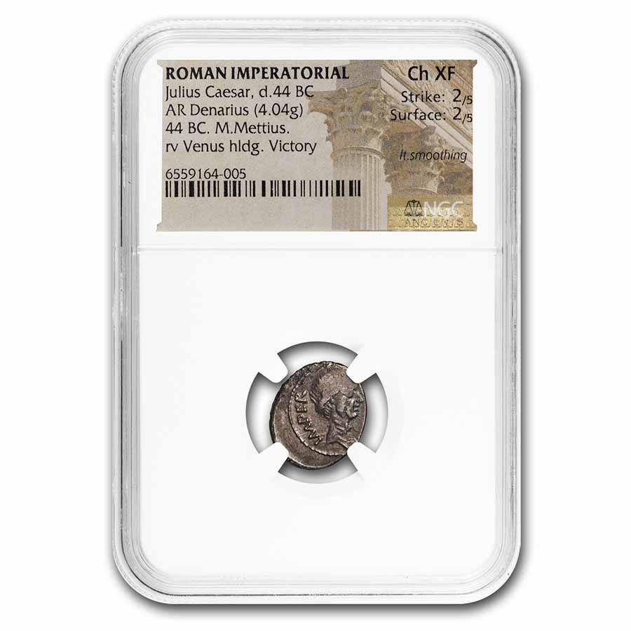 Roman Silver Denarius Julius Caesar (c.44 BC) VF NGC (Cr-480/17): Roman Silver Denarius Julius Caesar (c.44 BC) VF NGC (Cr-480/17) RBJ no: 274504 Year: 44 BC Grade: Very Fine Grade Service: NGC Denomination: AR Denarius Mint Mark: N/A - Not Available Me