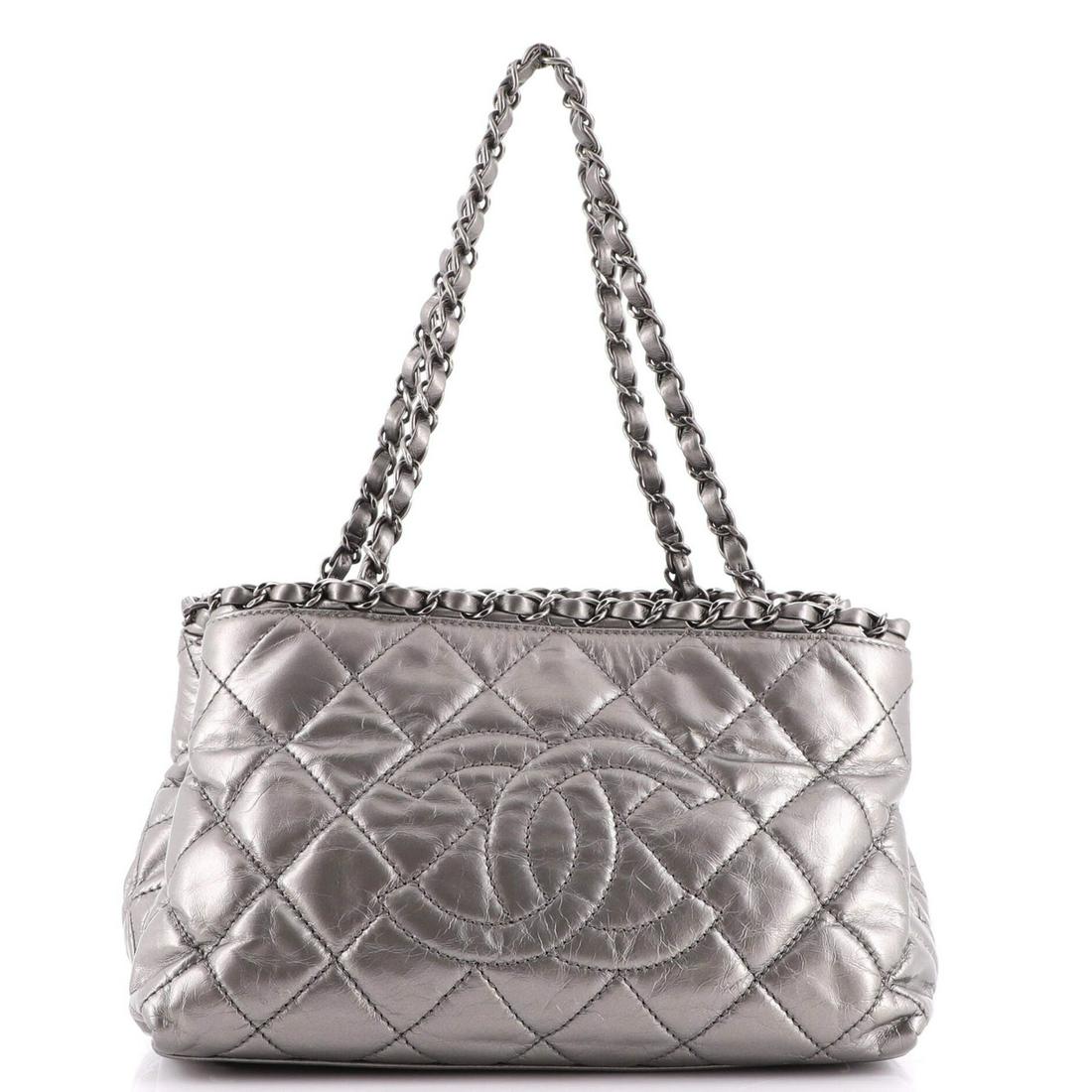 Chanel Chain Me Tote Quilted Calfskin Small: Chanel Chain Me Tote Quilted Calfskin Small Exterior Color: Silver Interior Color: Black Exterior Material: Leather Interior Material: Fabric Hardware Color: Aged Silver Accessories: No Accessorie