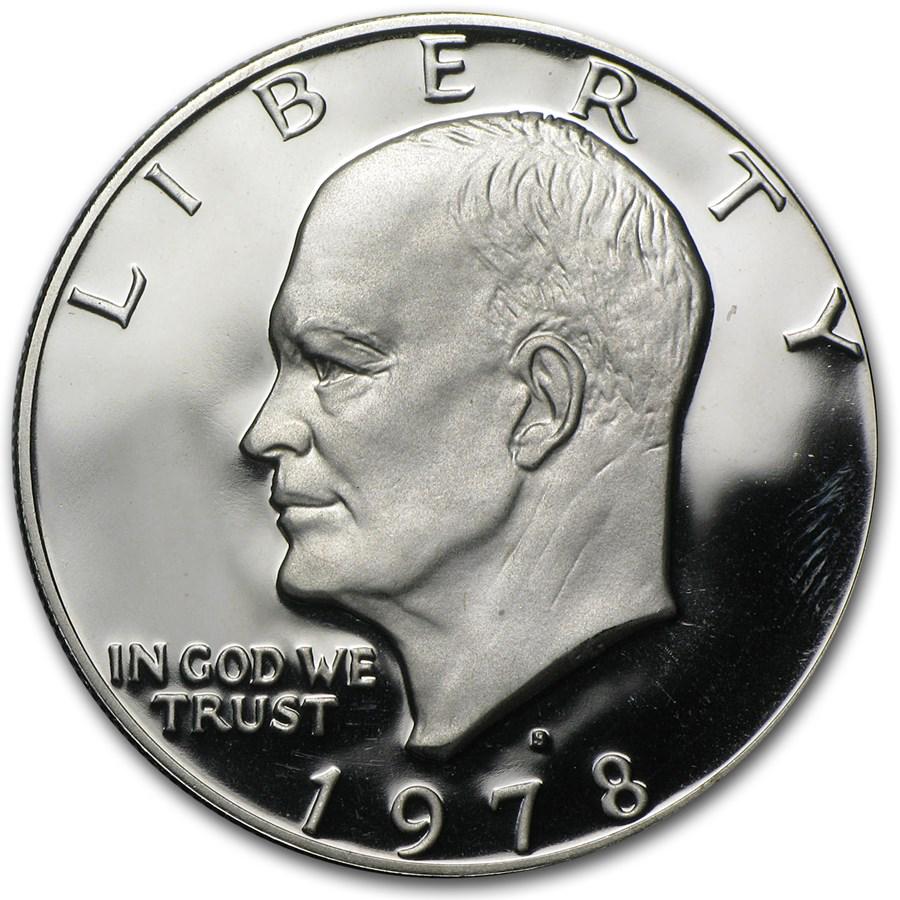1978-S Clad Eisenhower Dollar Gem Proof: 1978-S Clad Eisenhower Dollar Gem Proof SKU: 4998 Year: 1978 Grade: Proof Grade Service: None Denomination: $1.00 Mint Mark: S - San Francisco Metal Content: 0 troy oz Purity: N/