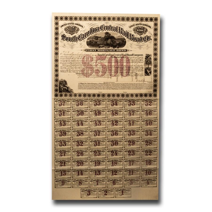 $500 Bond (1871) - South Carolina Central Railroad Company: $500 Bond (1871) - South Carolina Central Railroad Company SKU: 51557 Year: 1871 Grade: None Grade Service: None Denomination: N/A Mint Mark: N/A - Not Available Metal Content: 0 troy oz