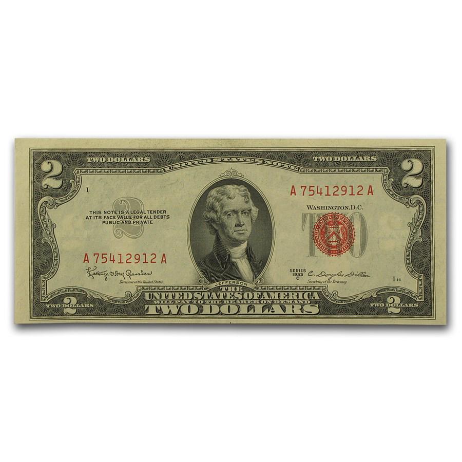 1953 thru 1953-C $2.00 U.S. Notes Red Seal AU: 1953 thru 1953-C $2.00 U.S. Notes Red Seal AU SKU: 47305 Year: 1953 Grade: Almost Unc Grade Service: None Denomination: $2.00 Mint Mark: N/A - Not Available Metal Content: 0 troy oz <