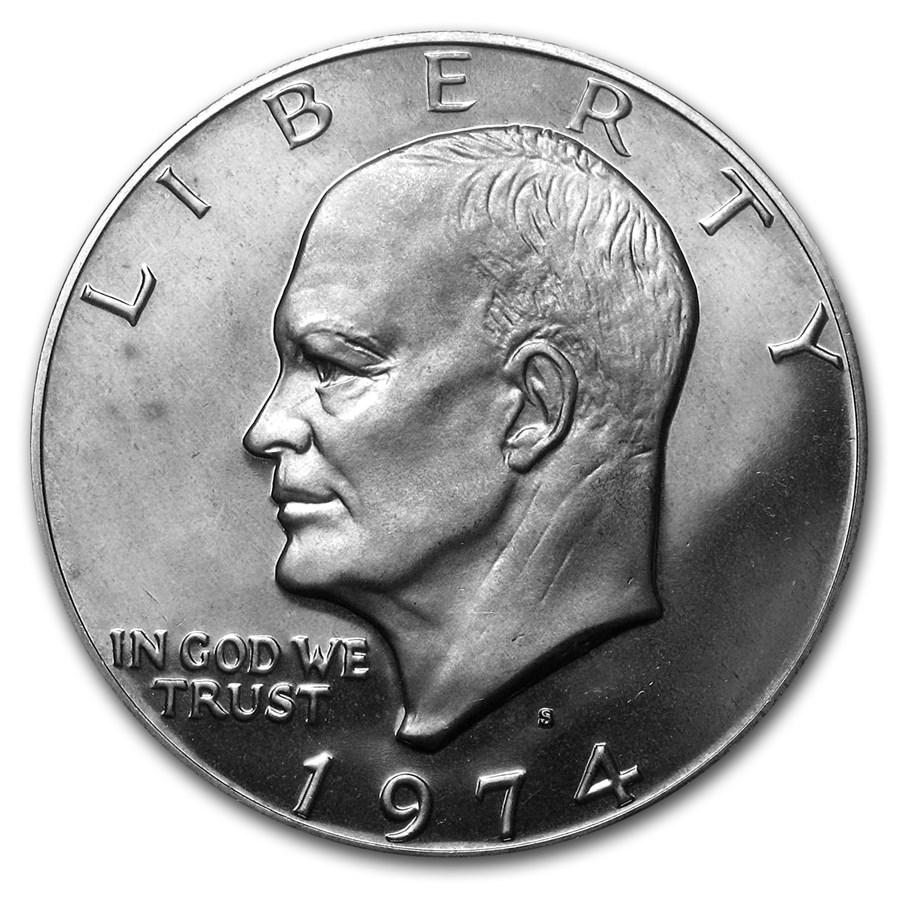 1974-S Clad Eisenhower Dollar Gem Proof: 1974-S Clad Eisenhower Dollar Gem Proof SKU: 4985 Year: 1974 Grade: Proof Grade Service: None Denomination: $1.00 Mint Mark: S - San Francisco Metal Content: 0 troy oz Purity: N/