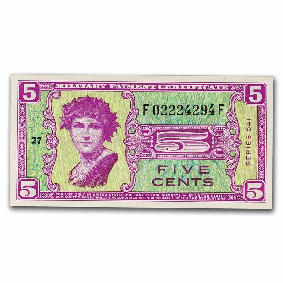 MPC Series 541 5 Cents AU: MPC Series 541 5 Cents AU SKU: 270683 Year: 1958 Grade: Almost Unc Grade Service: None Denomination: 5 Cents Mint Mark: N/A - Not Available Metal Content: 0 troy oz Purity: N/A