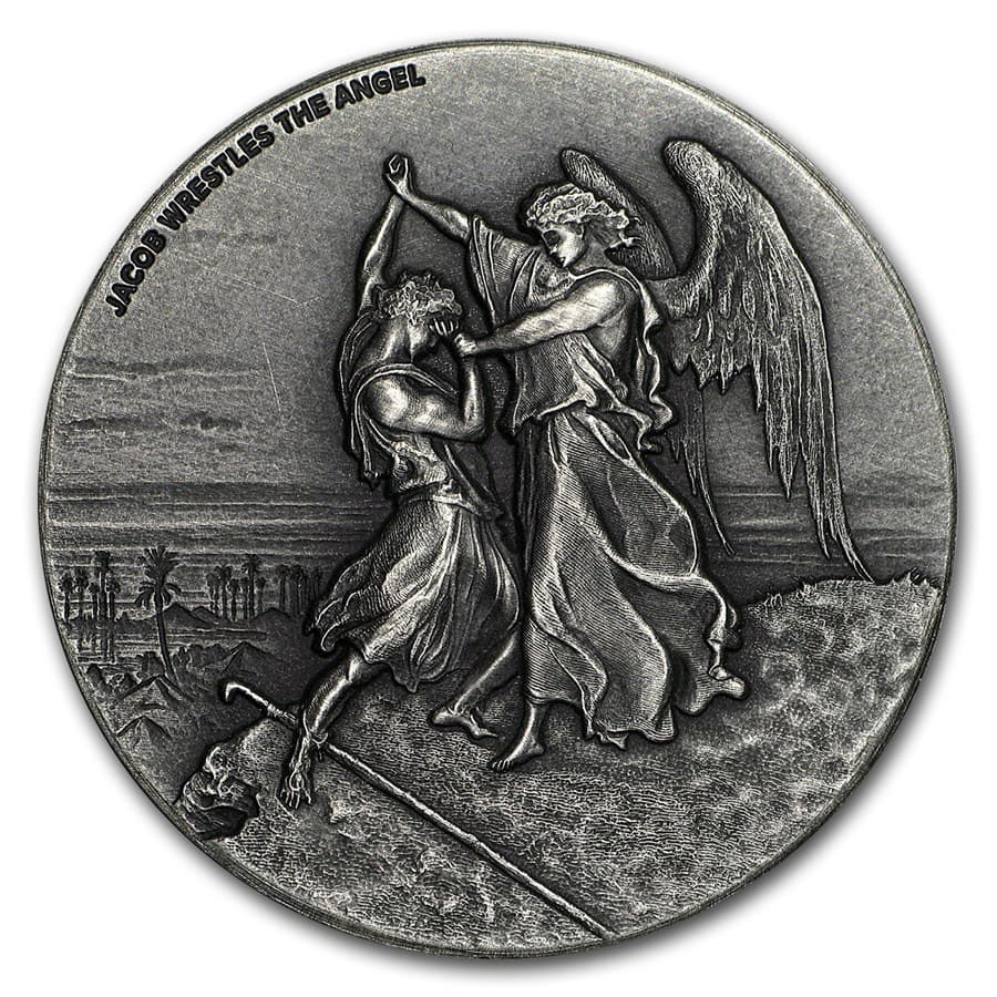2017 2 oz Silver Coin - Biblical Series (Jacob Wrestles Angel): 2017 2 oz Silver Coin - Biblical Series (Jacob Wrestles Angel) RBJ no: 117767 Year: 2017 Grade: Uncirculated Grade Service: None Denomination: Two Dollars Mint Mark: N/A - Not Available M