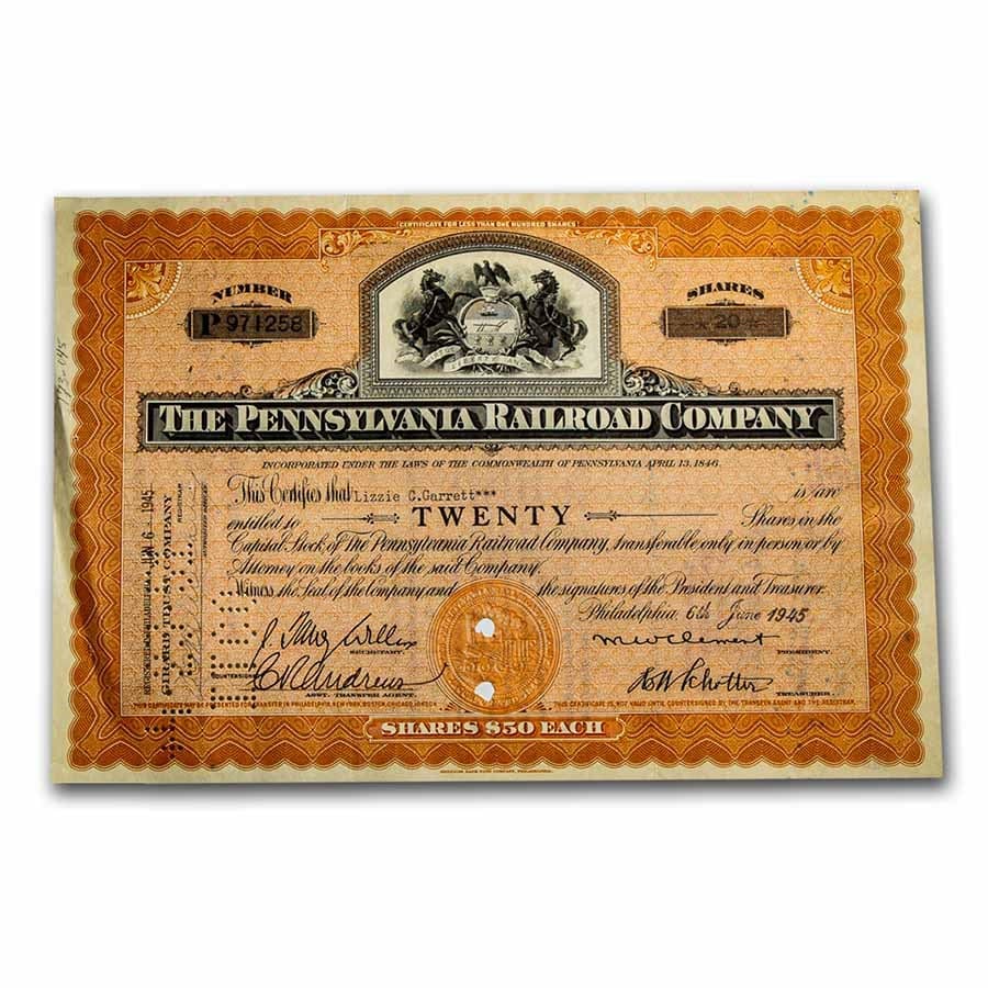 The Pennsylvania Railroad Company Older Stock Cert. (Orange): The Pennsylvania Railroad Company Older Stock Cert. (Orange) RBJ no: 238423 Year: 1930-50s Grade: None Grade Service: None Mint Mark: N/A - Not Available Metal Content: 0 troy oz Purity: