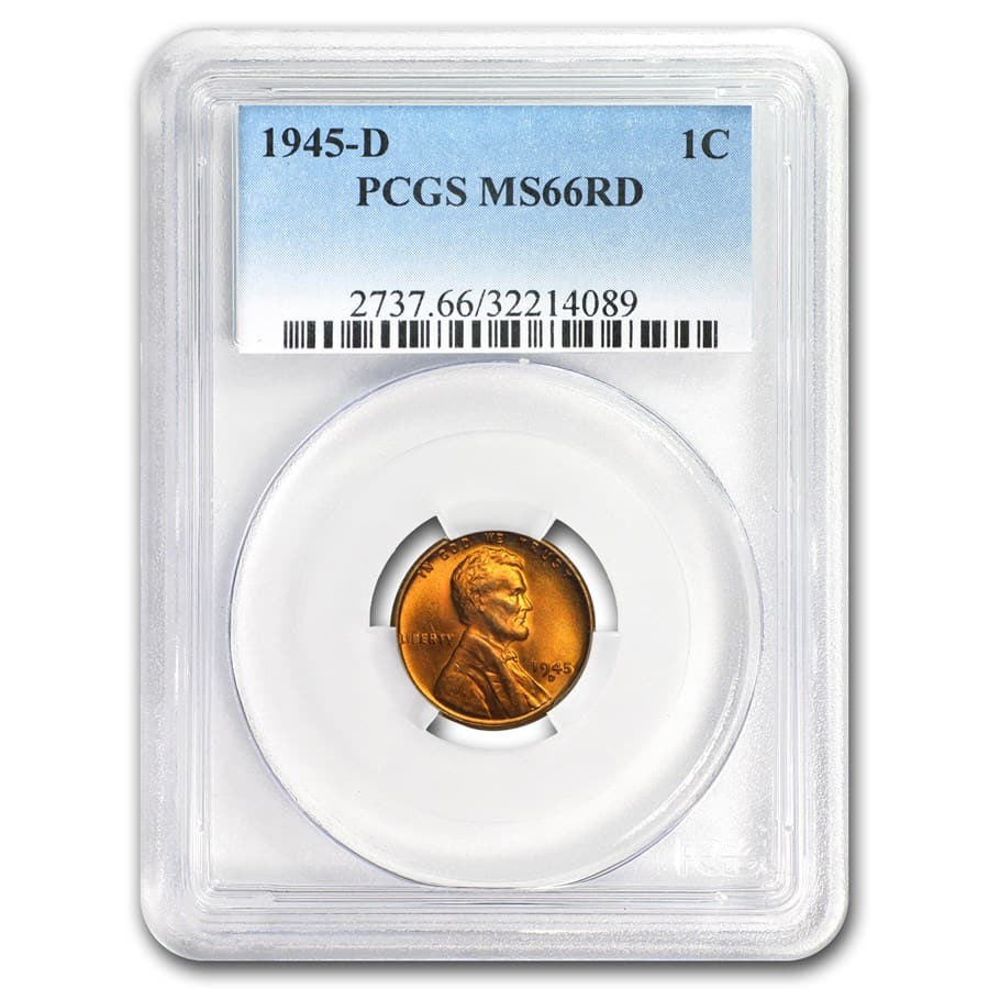 1945-D Lincoln Cent MS-66 PCGS (Red): 1945-D Lincoln Cent MS-66 PCGS (Red) RBJ no: 51145 Year: 1945 Grade Service: PCGS Denomination: 1 Cent Metal Content: 0 troy oz Purity: N/A Thickness: 1.50 mm Diameter: 19 mm