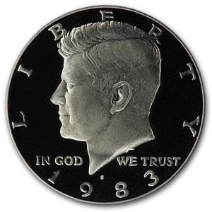 1983-S Kennedy Half Dollar Gem Proof: 1983-S Kennedy Half Dollar Gem Proof RBJ no: 6101 Year: 1983 Grade: Proof Grade Service: None Denomination: 50 Cents Mint Mark: S - San Francisco Metal Content: 0 troy oz Purity: