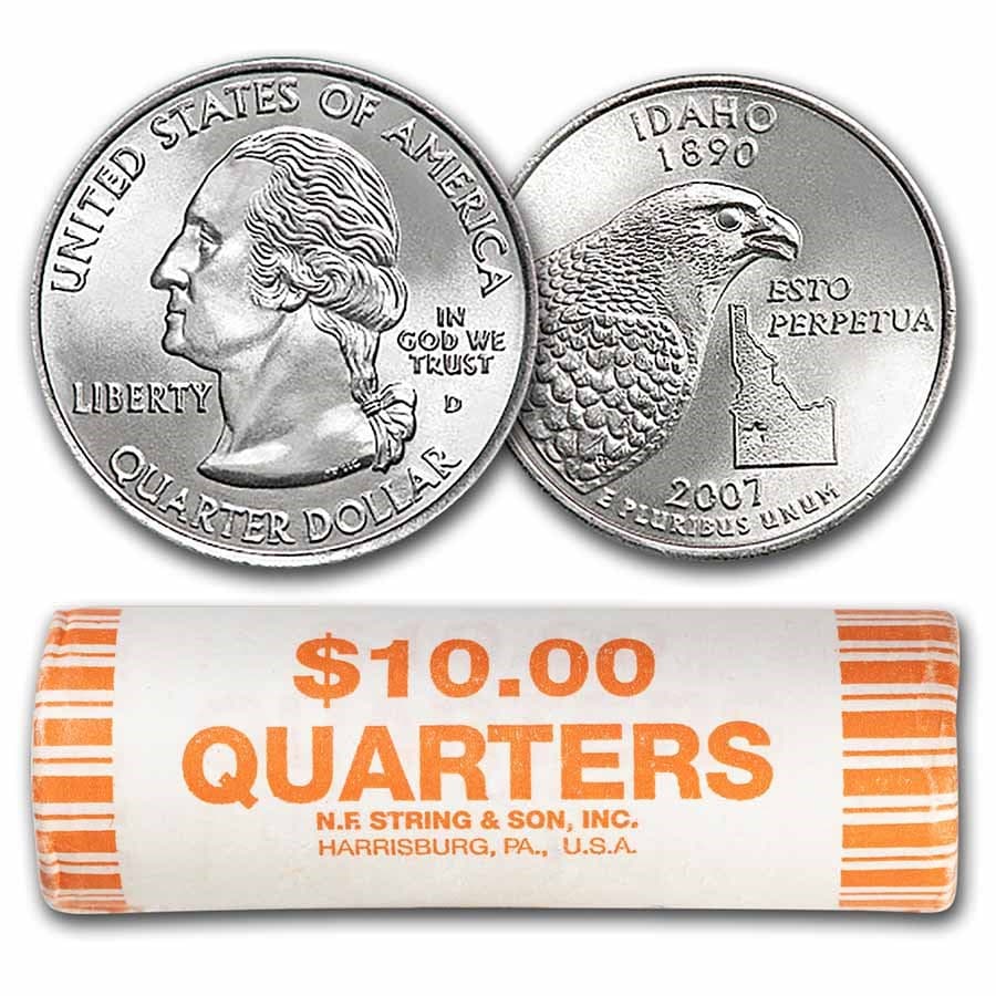 2007-P Idaho Statehood Quarter 40-Coin Roll BU: 2007-P Idaho Statehood Quarter 40-Coin Roll BU RBJ no: 13353 Year: 2007 Grade: Brilliant Unc Grade Service: None Denomination: 25 Cents Mint Mark: P - Philadelphia Metal Content: 0 troy o