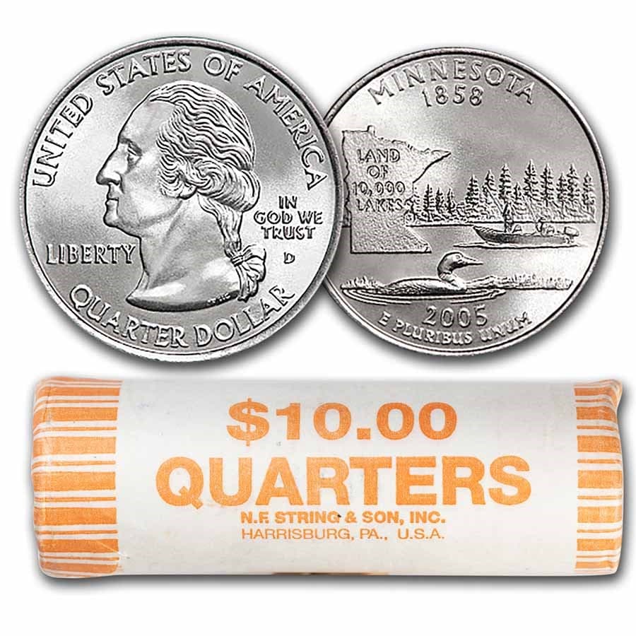2005-P Minnesota Statehood Quarter 40-Coin Roll BU: 2005-P Minnesota Statehood Quarter 40-Coin Roll BU RBJ no: 8151 Year: 2005 Grade: Brilliant Unc Grade Service: None Denomination: 25 Cents Mint Mark: P - Philadelphia Metal Content: 0 tro
