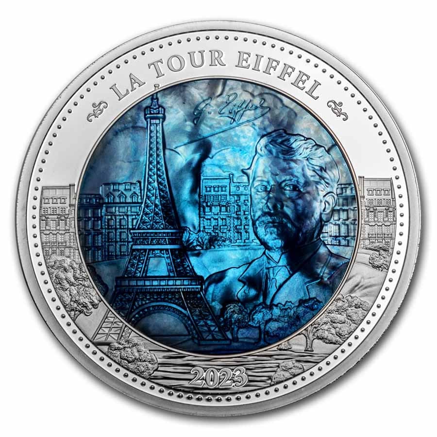 2023 Solomon Island 5 oz Silver Mother of Pearl: Gustave Eiffel: 2023 Solomon Island 5 oz Silver Mother of Pearl: Gustave Eiffel RBJ no: 260831 Year: 2023 Grade: Proof Grade Service: None Denomination: 25 Dollars Mint Mark: Not Shown Metal Content: 5 t