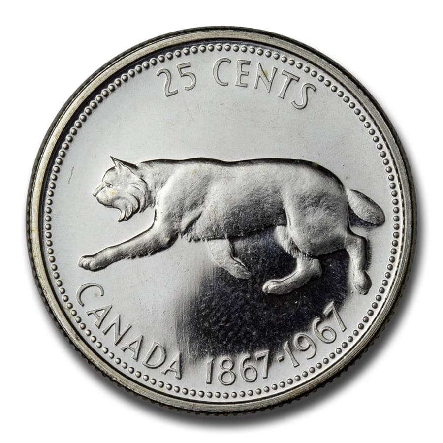 1967 Canada Silver 25 Cents Running Bobcat BU/Prooflike: 1967 Canada Silver 25 Cents Running Bobcat BU/Prooflike RBJ no: 66507 Year: 1967 Grade: BU &/or Proof Grade Service: None Denomination: 25 Cents Mint Mark: RCM (Not Shown) Metal Content: