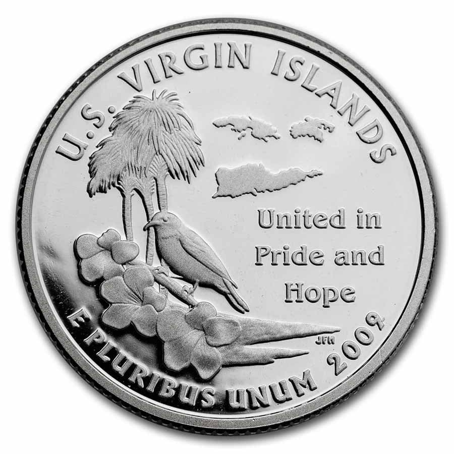 2009-S U.S. Territory U.S. Virgin Islands Quarter Proof (Silver): 2009-S U.S. Territory U.S. Virgin Islands Quarter Proof (Silver) RBJ no: 220008 Year: 2009 Grade: Gem Proof Grade Service: None Denomination: 25 Cents Mint Mark: S - San Francisco Metal C