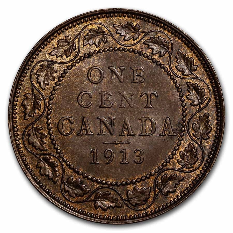 1913 Canada Large Cent George V AU: 1913 Canada Large Cent George V AU RBJ no: 259289 Year: 1913 Grade: Almost Unc Grade Service: None Denomination: 1 Cent Mint Mark: RCM (Not Shown) Metal Content: 0 troy oz Purity