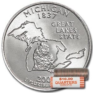 2004-P Michigan Statehood Quarter 40-Coin Roll BU: 2004-P Michigan Statehood Quarter 40-Coin Roll BU RBJ no: 8139 Year: 2004 Grade: Brilliant Unc Grade Service: None Denomination: 25 Cents Mint Mark: P - Philadelphia Metal Content: 0 troy