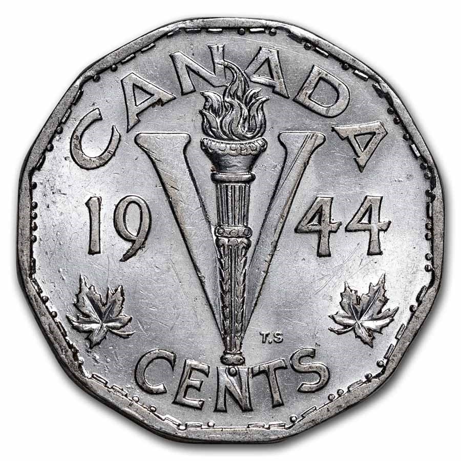 1944 Canada Steel "Victory" 5 Cents BU: 1944 Canada Steel "Victory" 5 Cents BU RBJ no: 253881 Year: 1944 Grade: Brilliant Unc Grade Service: None Denomination: 5 Cents Mint Mark: RCM (Not Shown) Metal Content: 0 troy oz