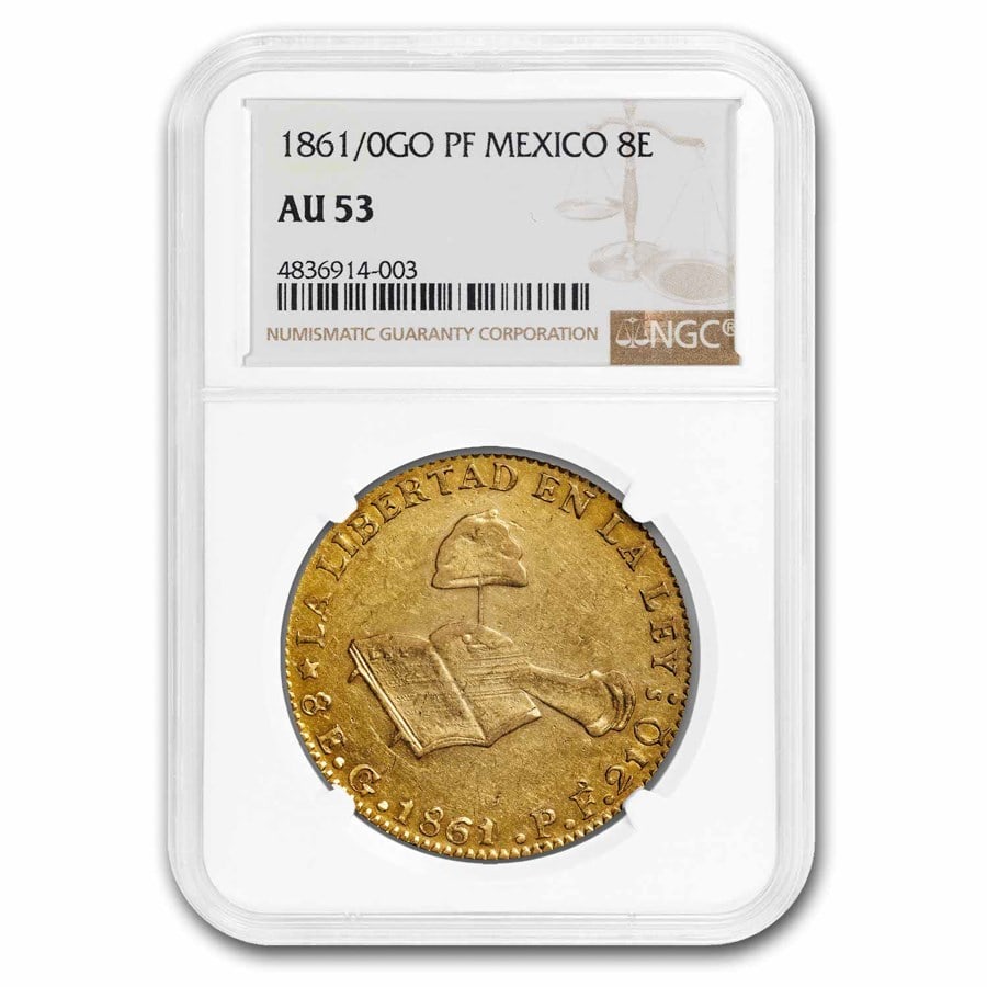 1861/0 GO-PF Mexico Gold 8 Escudos AU-53 NGC: 1861/0 GO-PF Mexico Gold 8 Escudos AU-53 NGC , Product ID: 281491 Year: 1861/0 Grade Service: NGC Denomination: 8 Escudos Metal Content: 0.7614 troy oz Purity: .875 Thickness: 2.25 mm