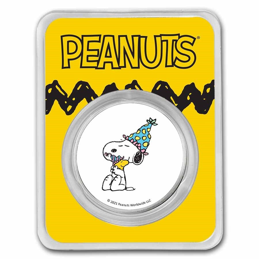 Peanuts Snoopy & Woodstock Celebrate 1 oz Colorized Silver Round: Peanuts Snoopy & Woodstock Celebrate 1 oz Colorized Silver Round Product ID: 231114 Year: 2021 Grade: None Grade Service: None Mint Mark: N/A - Not Available Metal Content: 1 troy oz Puri