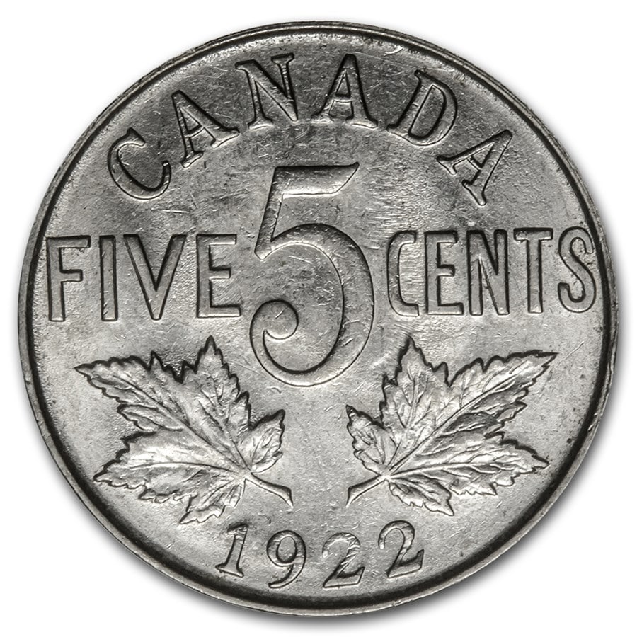 1922 Canada 5 Cents George V AU: 1922 Canada 5 Cents George V AU Product ID: 21589 Year: 1922 Grade: Almost Unc Grade Service: None Denomination: 5 Cents Mint Mark: RCM (Not Shown) Metal Content: 0 troy oz Purit