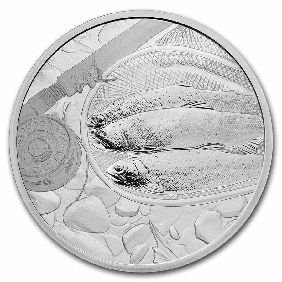 1 oz Silver Round - Gun & Rod (Trout): 1 oz Silver Round - Gun & Rod (Trout) Product ID: 270825 Grade: None Grade Service: None Mint Mark: N/A - Not Available Metal Content: 1 troy oz Purity: .999 Thickness: 3.2 mm Di