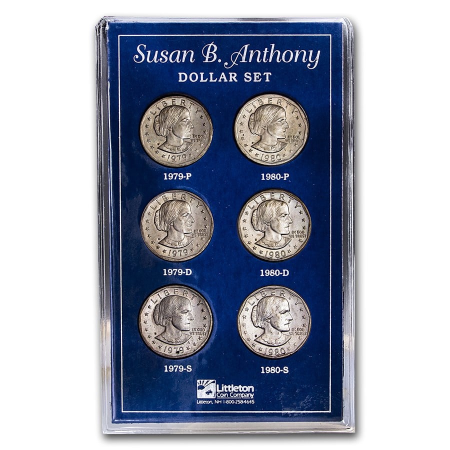 1979/1980-PDS 6-Coin Susan B. Anthony Dollar Set BU: 1979/1980-PDS 6-Coin Susan B. Anthony Dollar Set BU Product ID: 94901 Year: Set Grade: Brilliant Unc Grade Service: None Denomination: 1 Dollar Mint Mark: Varies Metal Content: 0 troy oz