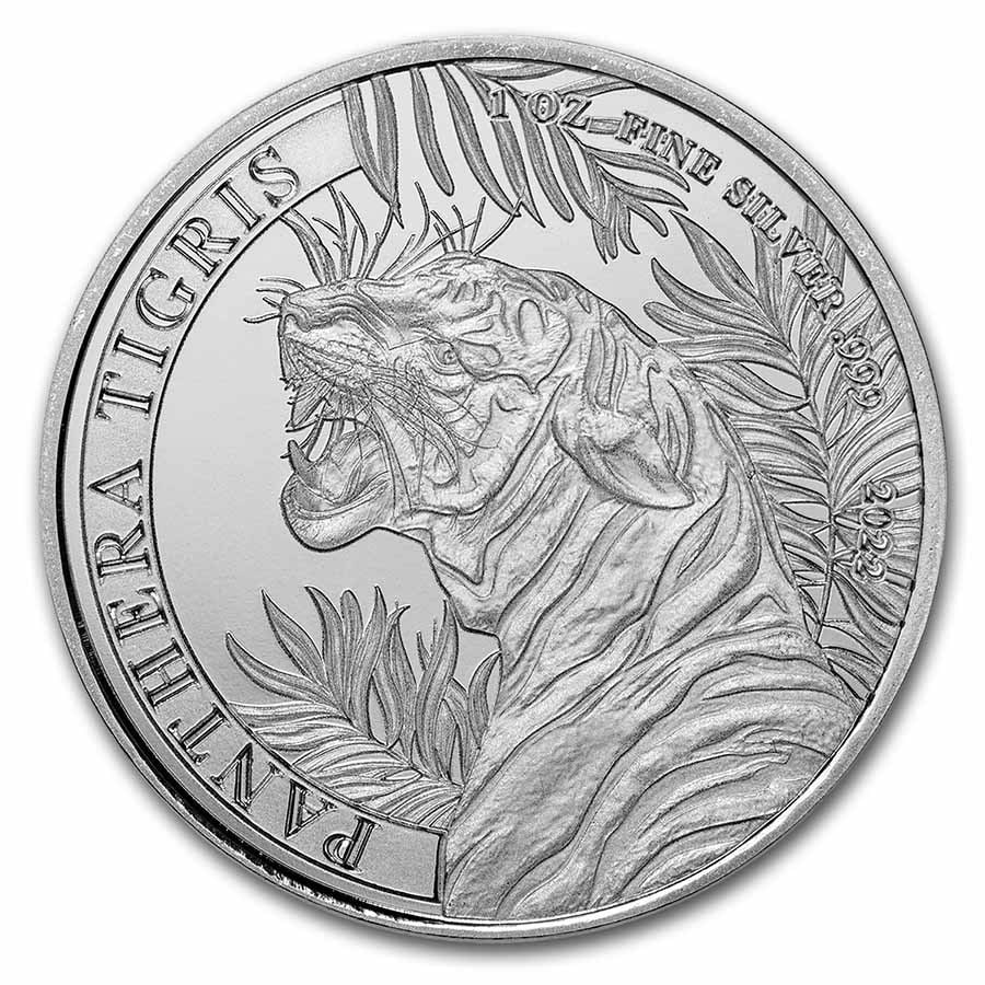 2022 Laos 1 oz Silver 500 KIP Tiger BU (Panthera Tigris): 2022 Laos 1 oz Silver 500 KIP Tiger BU (Panthera Tigris) Product ID: 246153 Year: 2022 Grade: Brilliant Unc Grade Service: None Denomination: 500 Kip Mint Mark: Not Shown Metal Content: 1