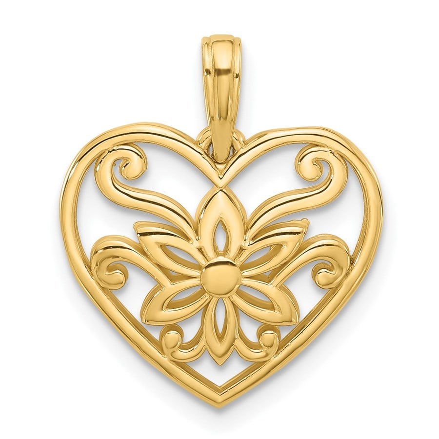 14K Yellow Gold Fancy Flower and Heart Charm - 20.5 mm: 14K Yellow Gold Fancy Flower and Heart Charm - 20.5 mm , Product Id: 265940 Metal: Gold Purity: 14K Finish: Polished Length Of Item: 20.5 mm Charm Element Length: 16.6 mm Charm Element Wid