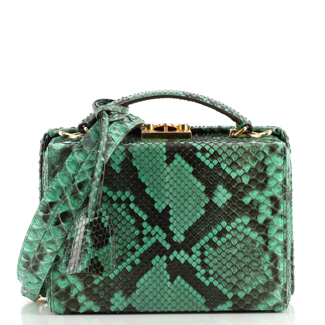 Mark Cross Grace Box Bag Python Small: Mark Cross Grace Box Bag Python Small Exterior Color: Green Interior Color: Red Exterior Material: Exotic, Python Interior Material: Leather Hardware Color: Gold Accessories: Clochette, Keys, Deta