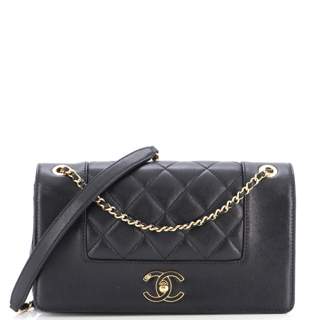 Chanel Mademoiselle Vintage Flap Bag Quilted Sheepskin Medium: Chanel Mademoiselle Vintage Flap Bag Quilted Sheepskin Medium Exterior Color: Black Interior Color: Red Exterior Material: Leather Interior Material: Fabric Hardware Color: Gold Accessories: Authe