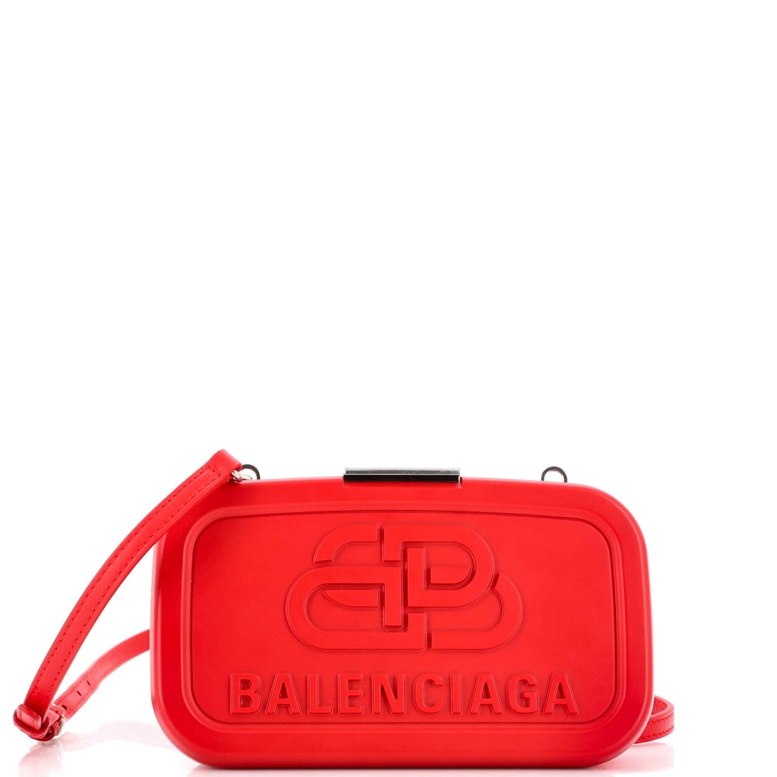Balenciaga Logo Lunch Box Bag Plastic: Balenciaga Logo Lunch Box Bag Plastic Exterior Color: Red Interior Color: Red Exterior Material: Resin Interior Material: Leather Hardware Color: Aged Silver Accessories: Dust bag, Detachable Stra